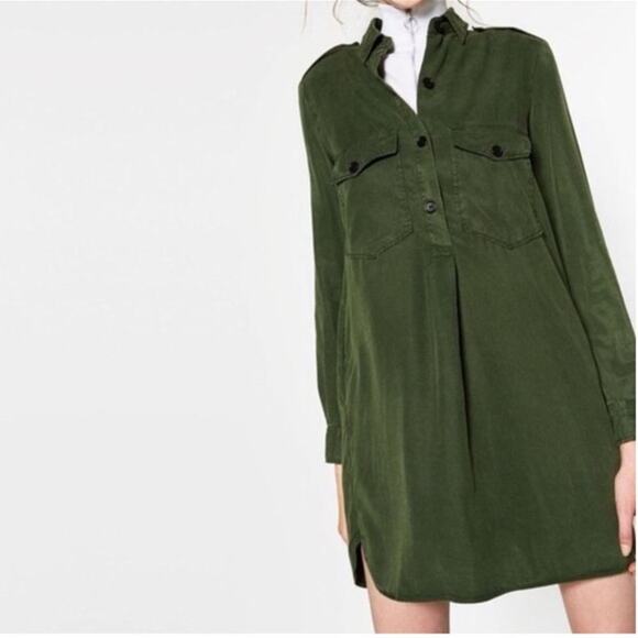 2/$30 ZARA Henley Shirt Dress Medium Green Long Sleeve Side Slit Pockets #7235 - Picture 1 of 16